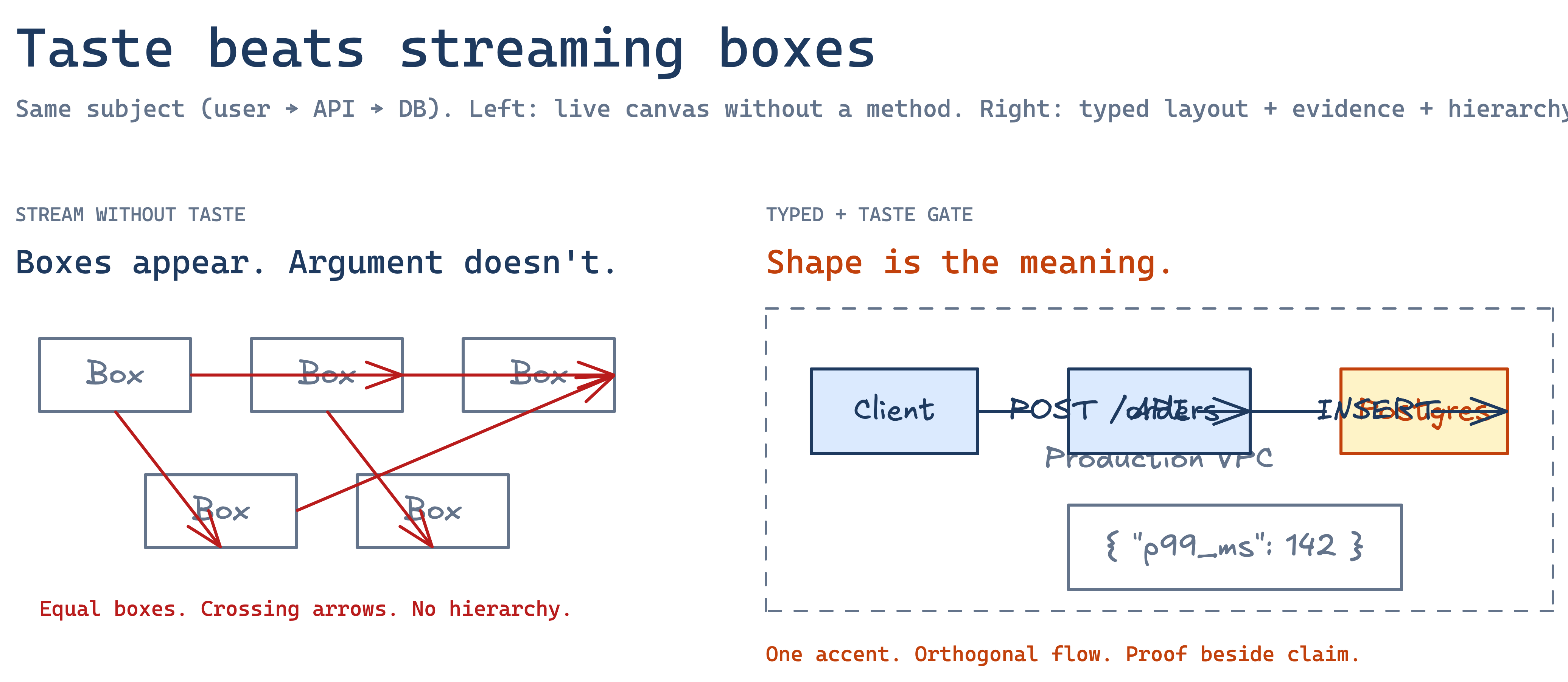 Same user-API-DB subject: streaming boxes without taste versus typed layout with evidence and hierarchy